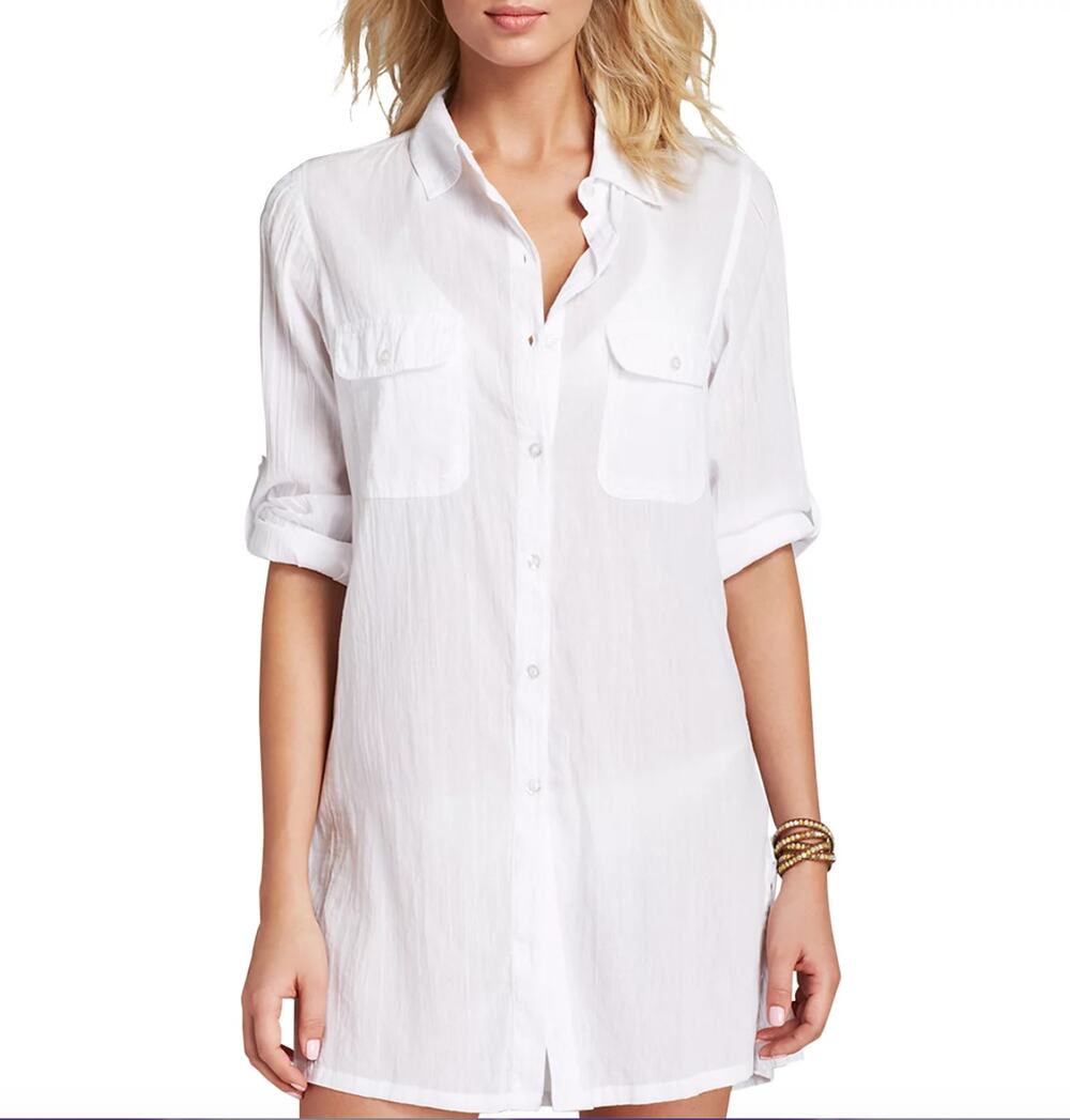 Lauren Ralph Lauren White Crushed Cotton Camp Swim Shirt Cover-Up Women's Medium